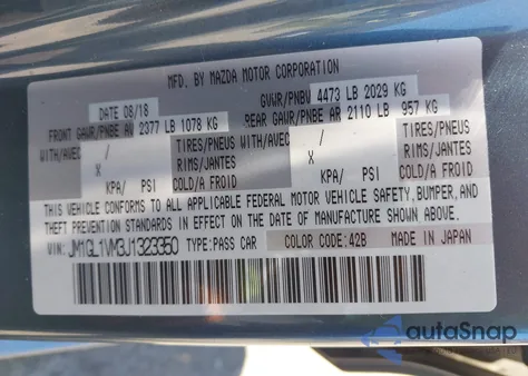 2018 Mazda Mazda6 Touring z USA, uszkodzony, nr VIN JM1GL1VM3J1323350